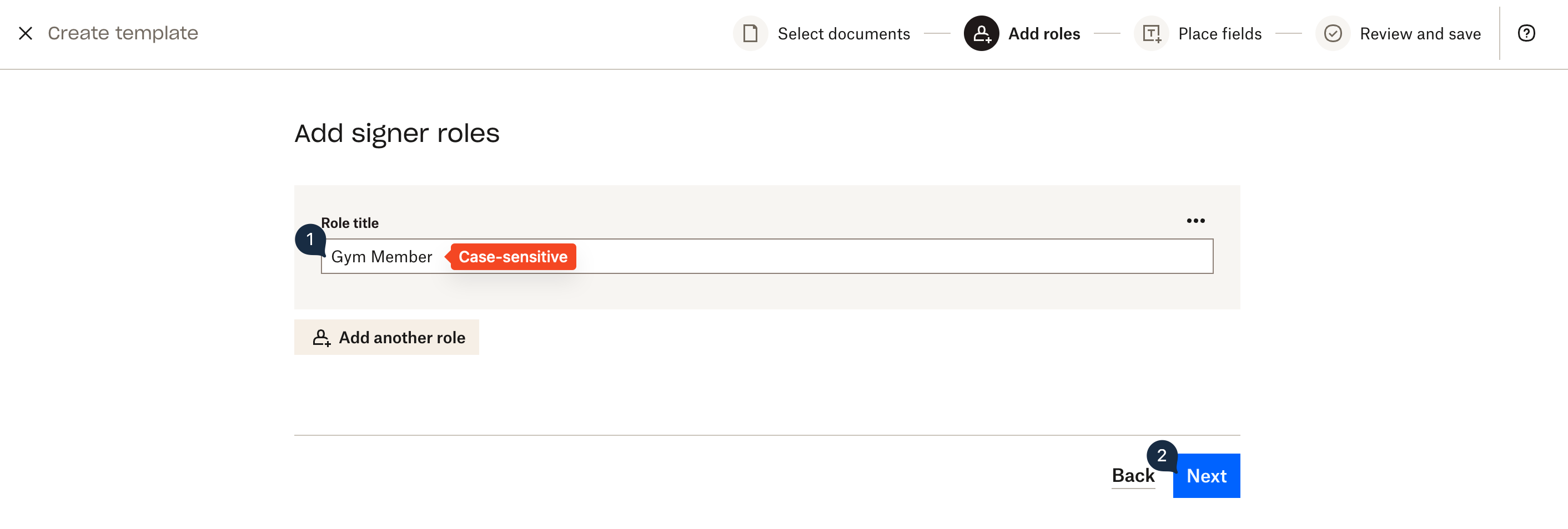 Screenshot showing the signer role specified with a note that the field is case-sensitive