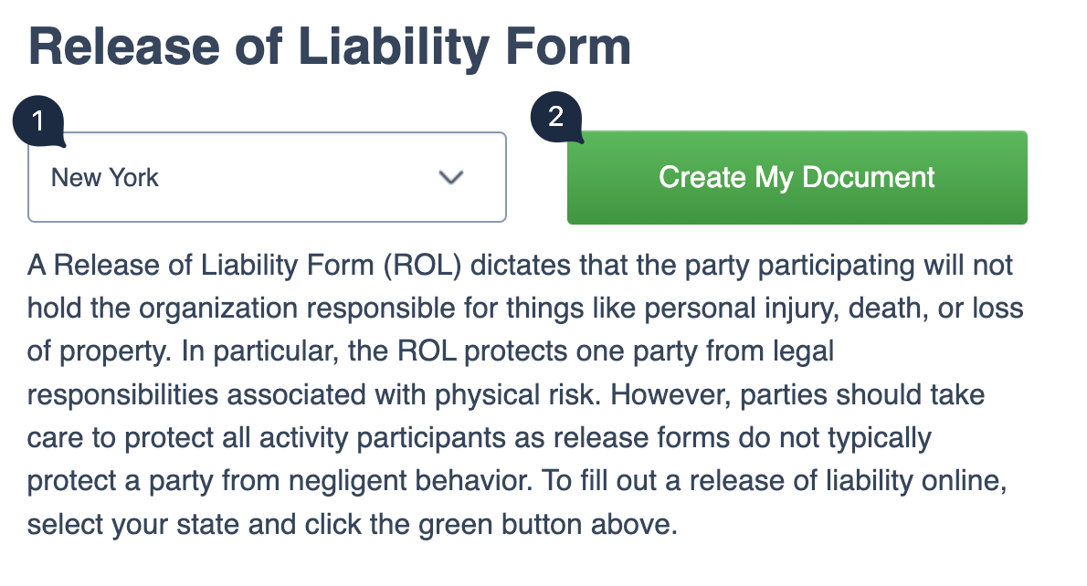 Screenshot showing the state selected along with the **Create My Document** button