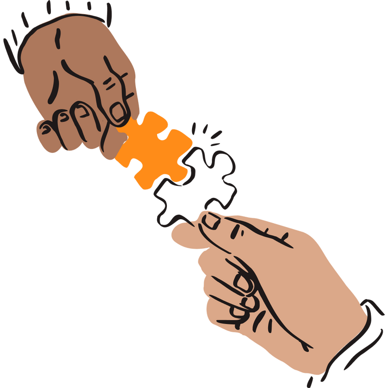 An illustration of two different people's hands, each holding puzzle pieces, and successfully connecting them together.