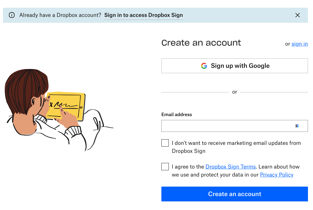 Screenshot showing the Dropbox Sign “Create an account” page, with an illustration displayed next to the sign up fields.