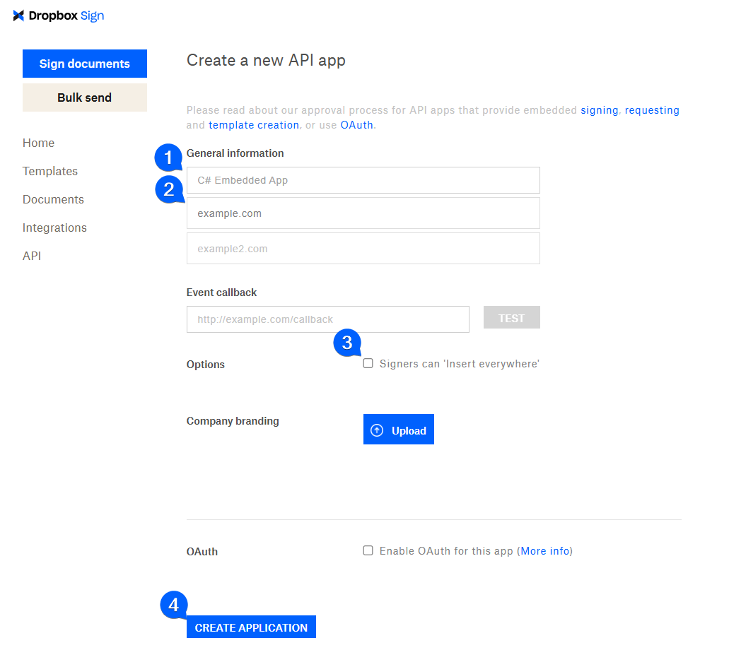 Screenshot showing how to populate the form fields when creating an application