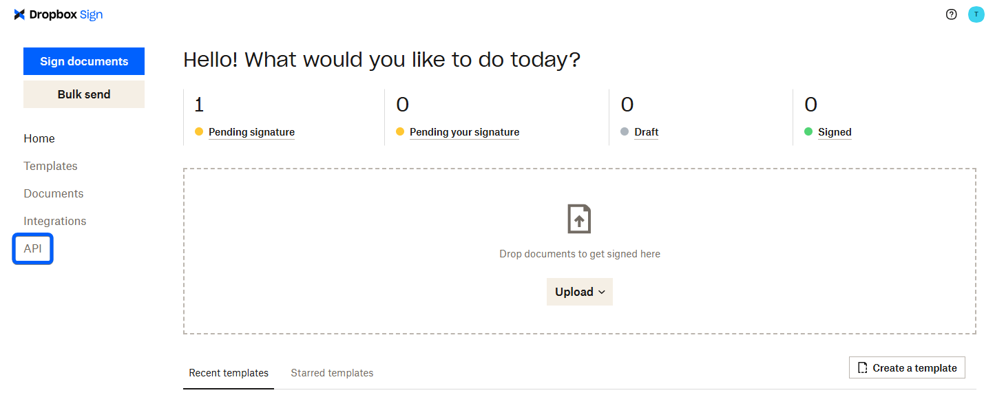 Screenshot of the Dropbox Sign Dashboard with the API menu item highlighted