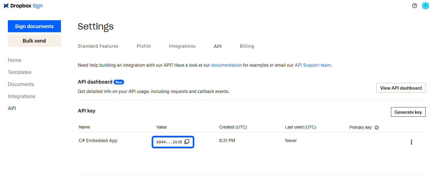 Screenshot showing how to copy the generated API key