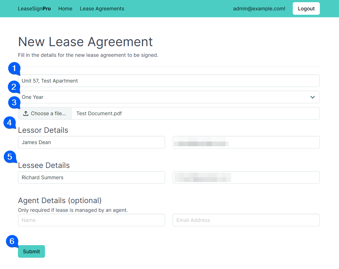 Screenshot showing the page to create a new lease agreement