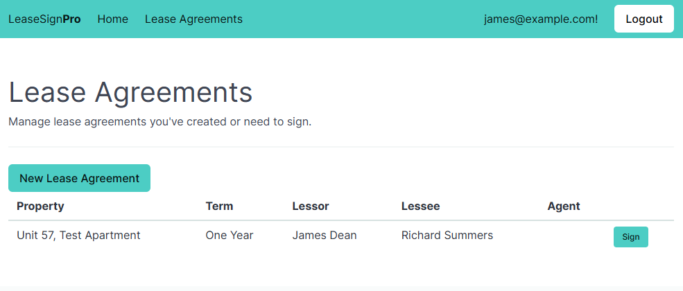 Screenshot showing the lease agreement for the user to sign