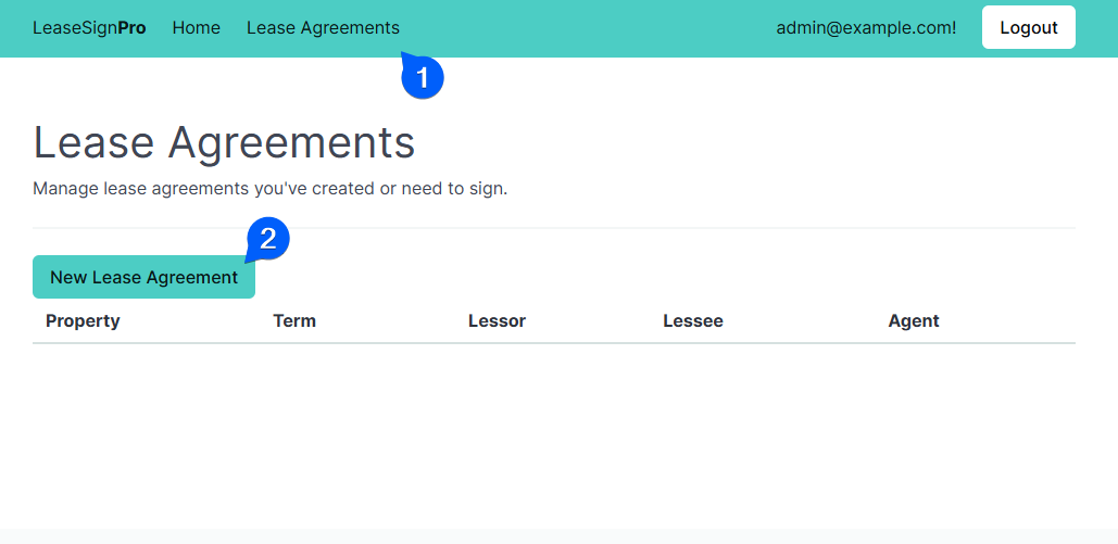 Screenshot showing the Lease Agreements page with the New Lease Agreement button highlighted