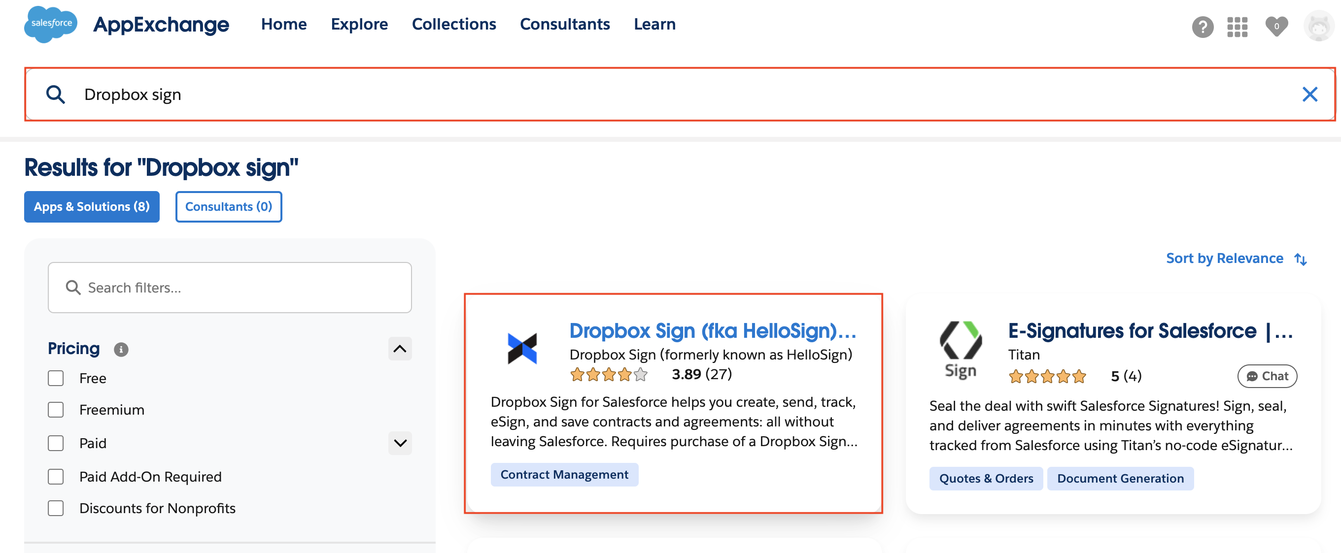 Selecting Dropbox Sign on the AppExchange marketplace