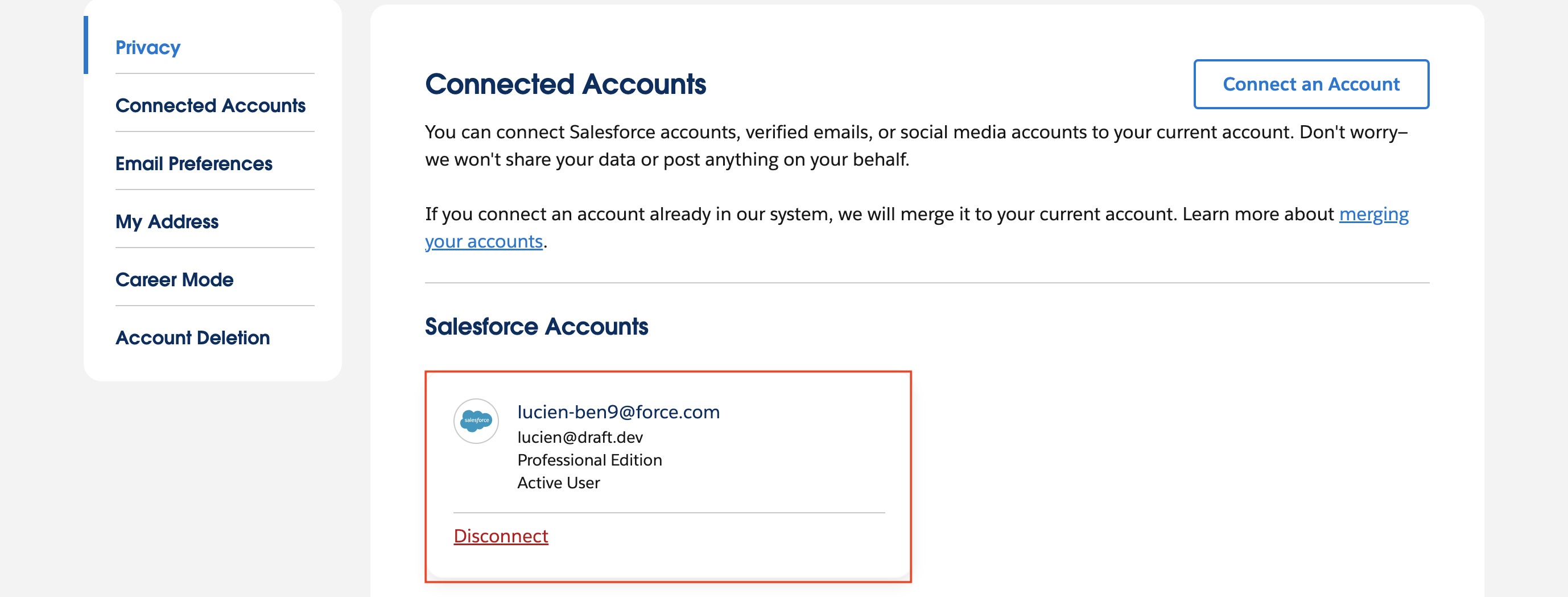 Confirmation of Salesforce app connection