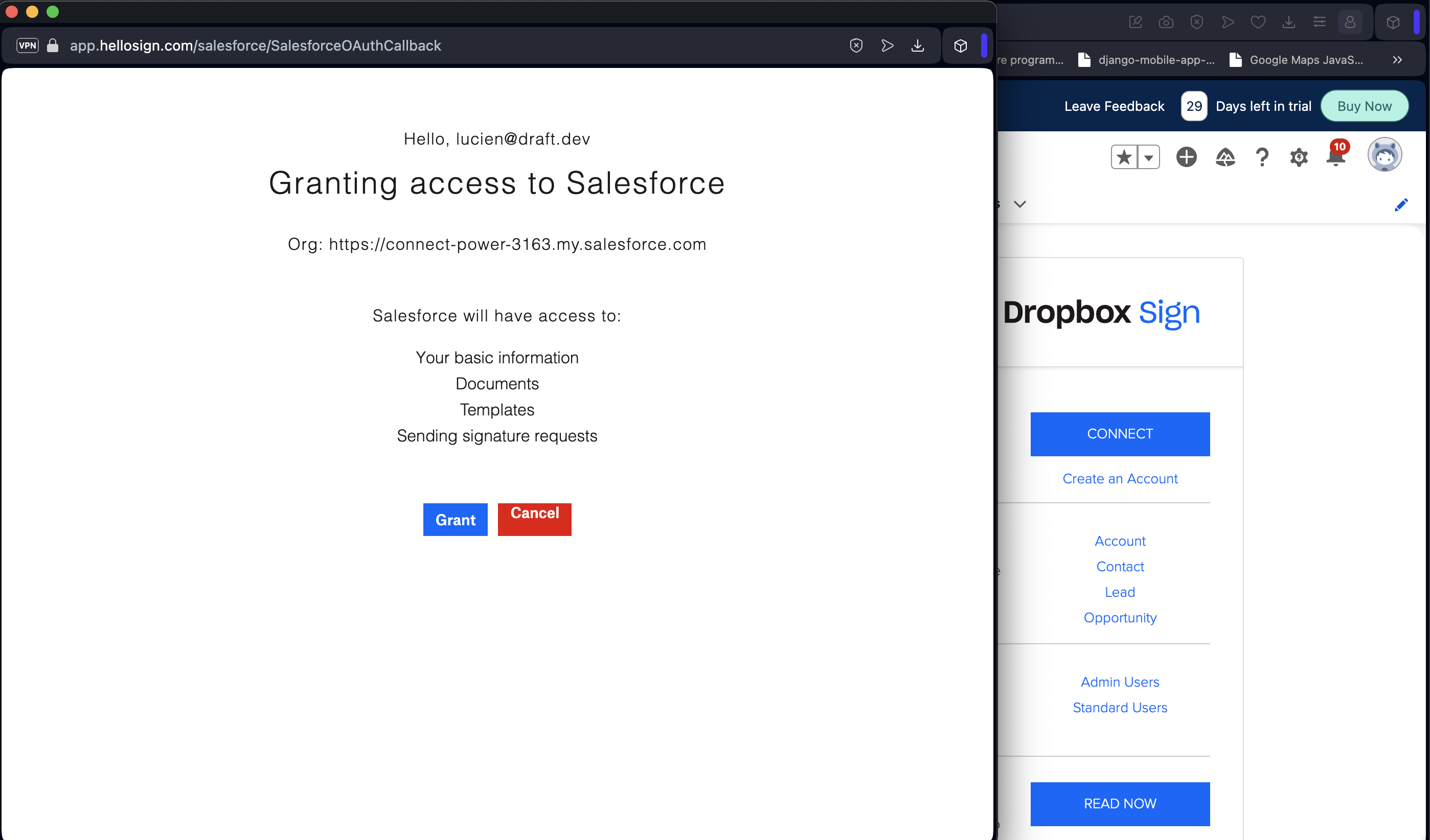 Granting access to Salesforce from Dropbox Sign account