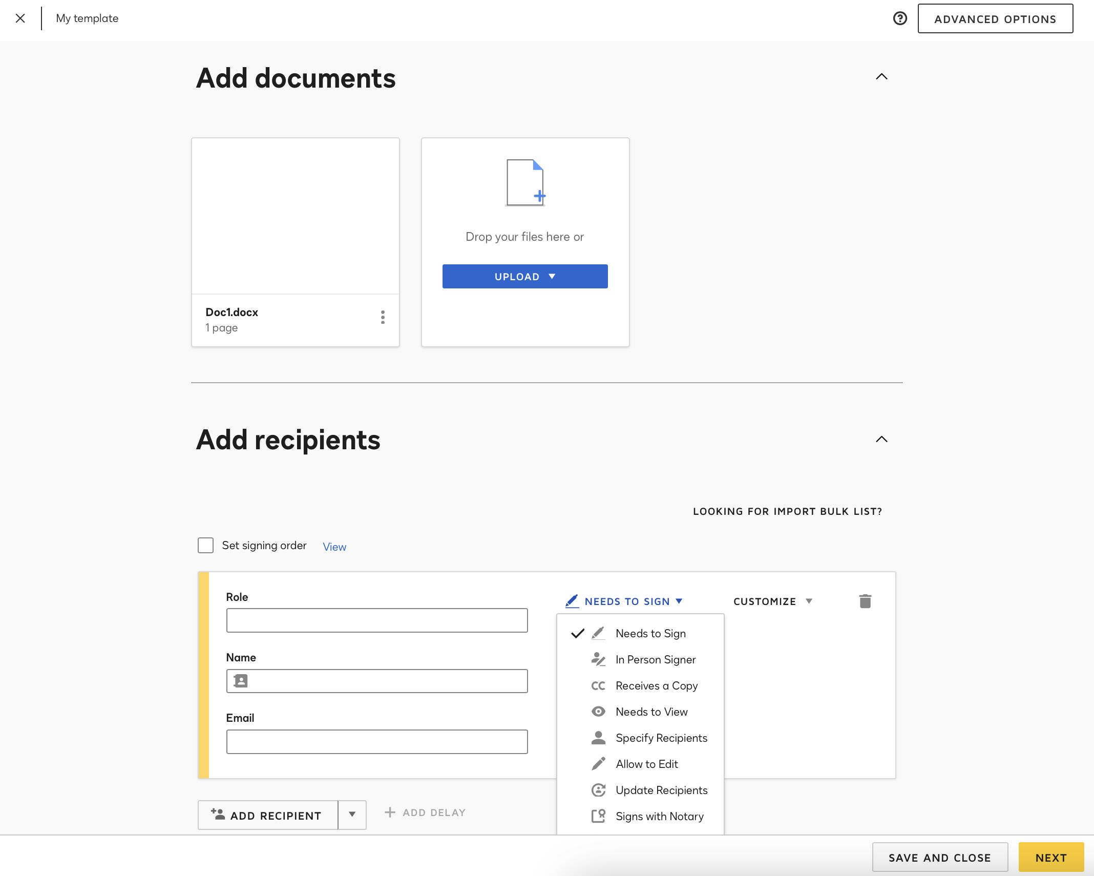 Creating a Docusign template from the console