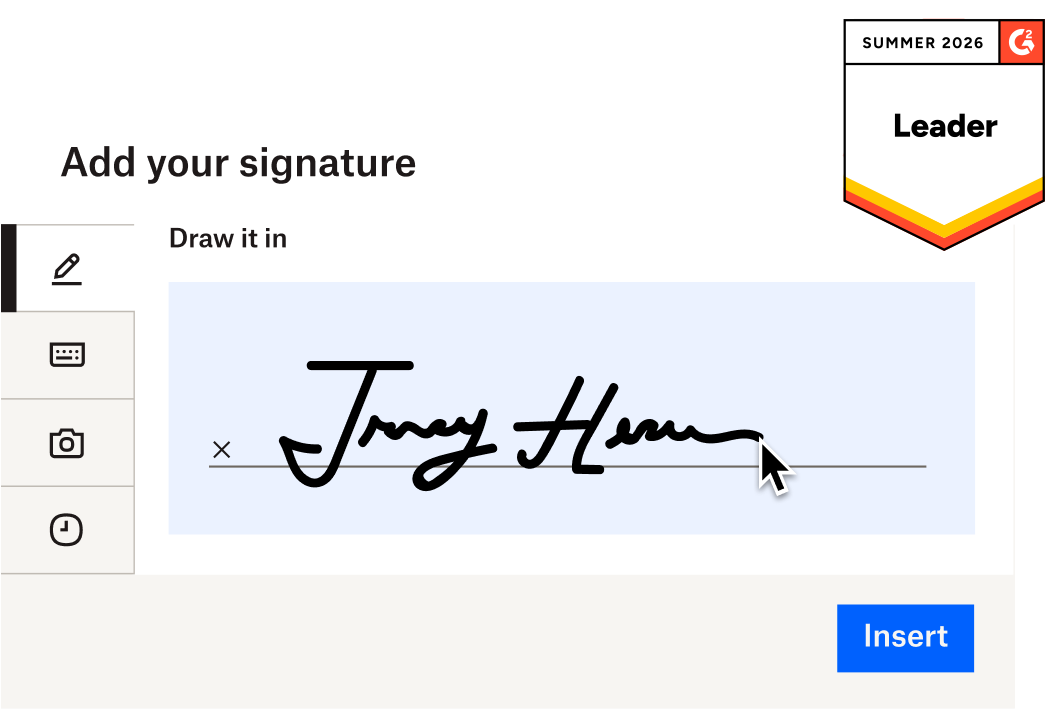 Dropbox Sign signature entry screen with handwritten signature and G2 Summer 2026 Leader badge