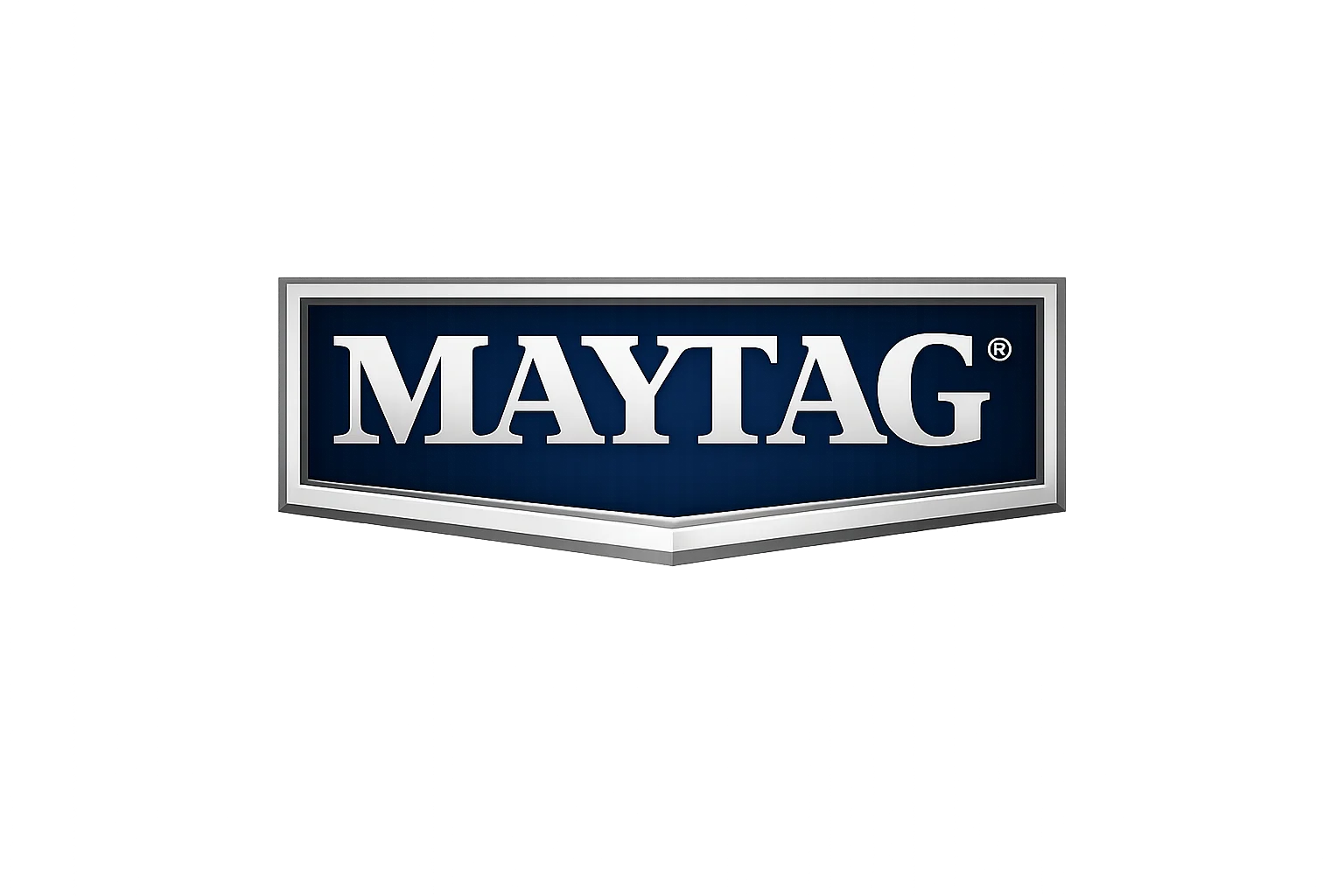 Maytag brand logo with white text on a dark blue and silver shield background.