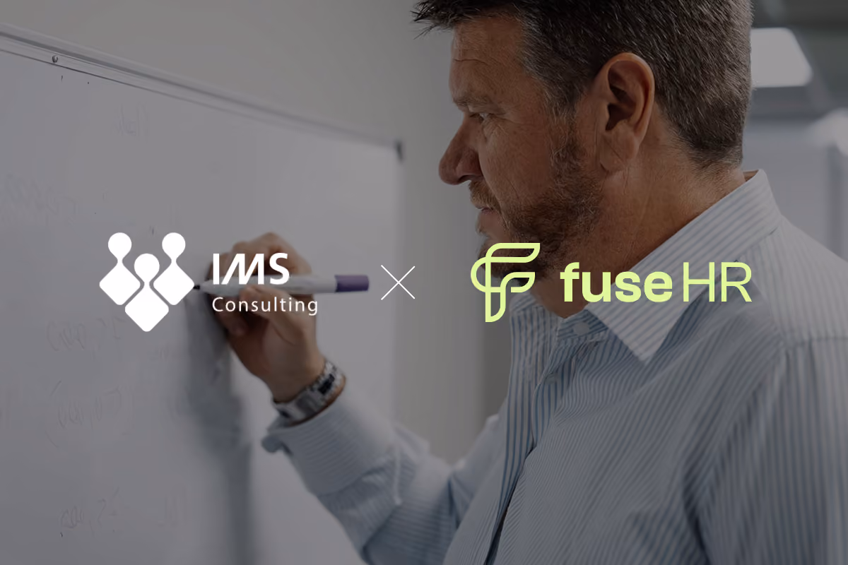 Brad Weir writing on a whiteboard with IMS Consulting and fuseHR logos overlaid on the image.