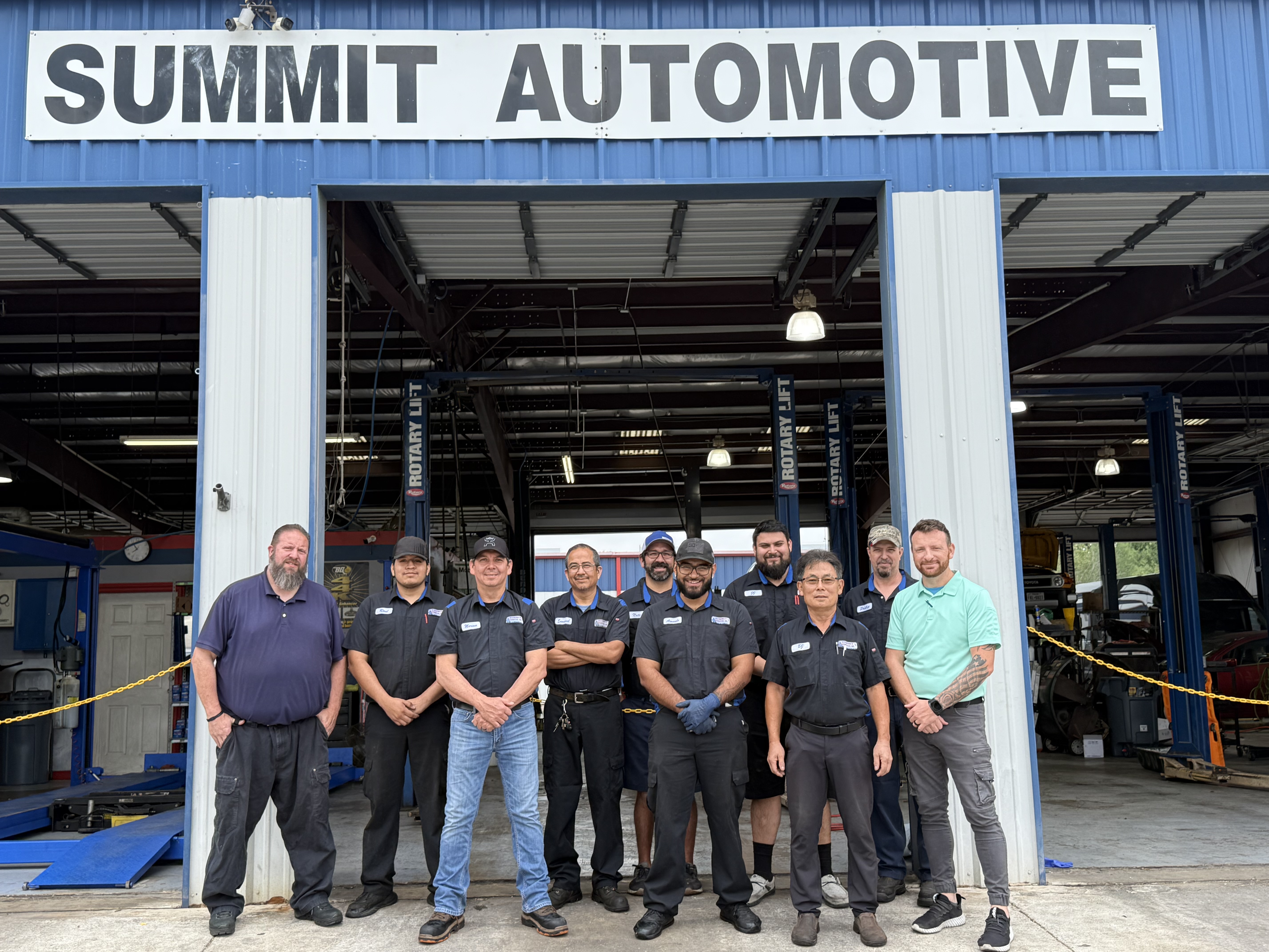 Exterior and employees of Summit Automotive in San Antonio, Texas—now part of the GreatWater 360 Auto Care network.