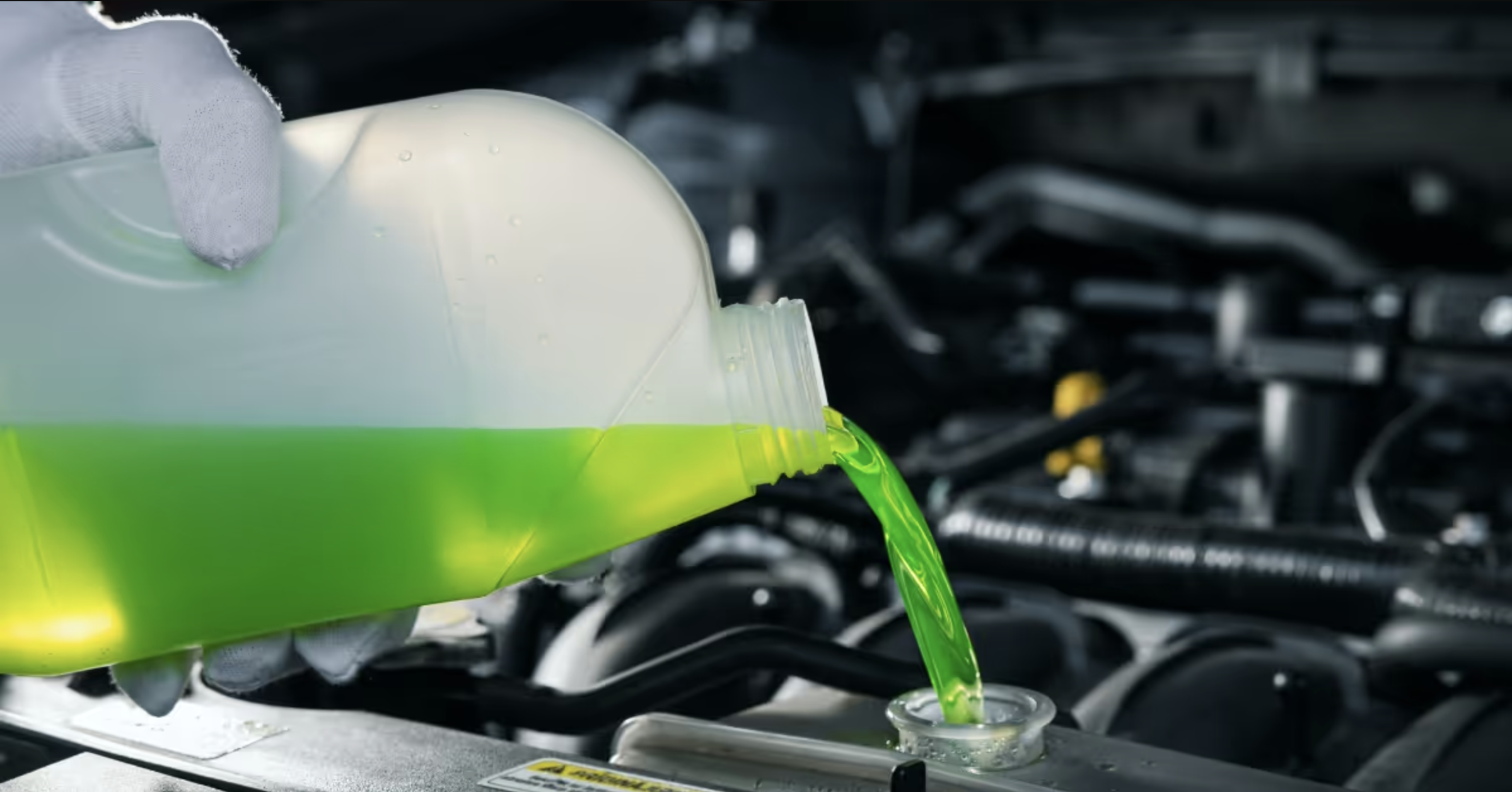 Engine coolant being poured into coolant reservoir.
