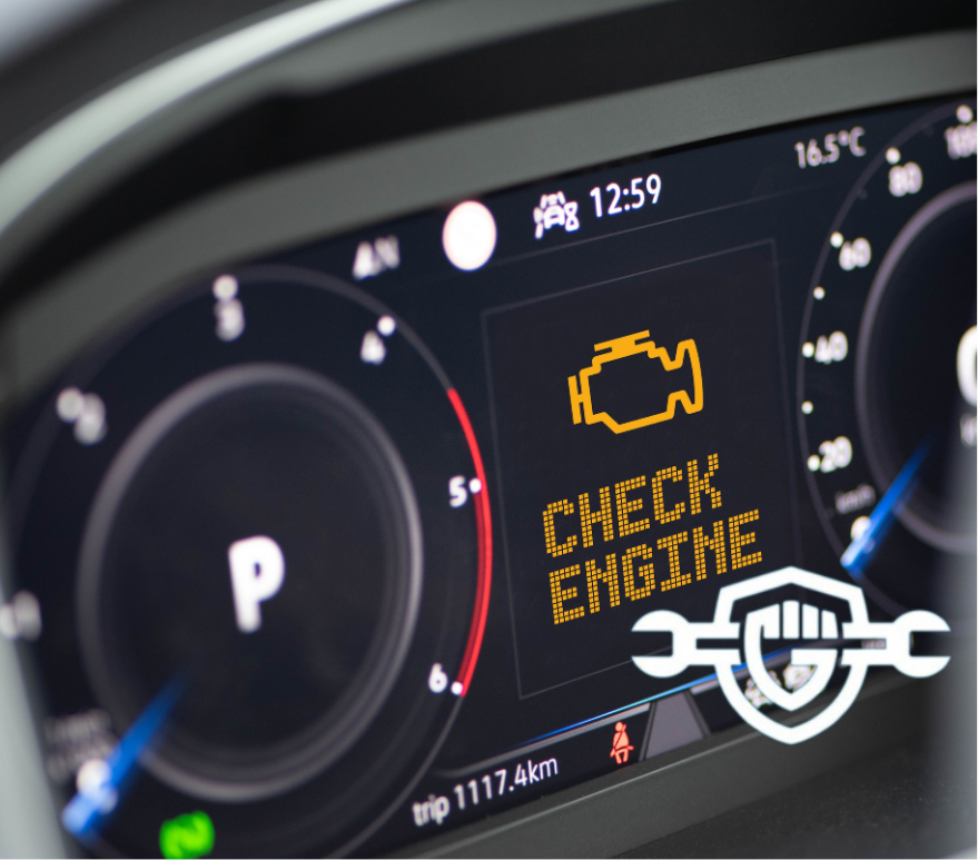 Interior of a modern car and a Check Engine warning light