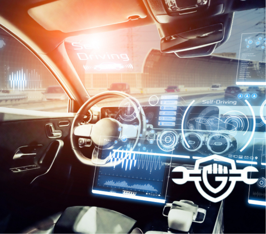 Interior of autonomous car. Driverless vehicle. Self driving. UGV. Advanced driver assistant system.