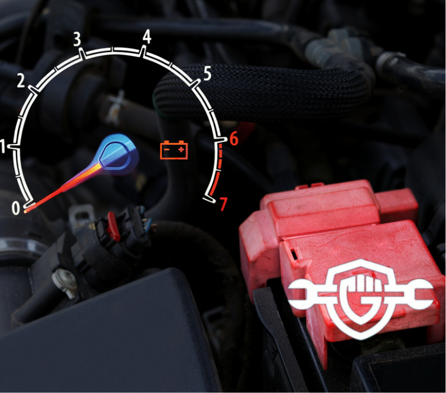 Concept of battery of car engine is drained and the battery sign appeared on the dashboard. The car needs to be checked at the service center.