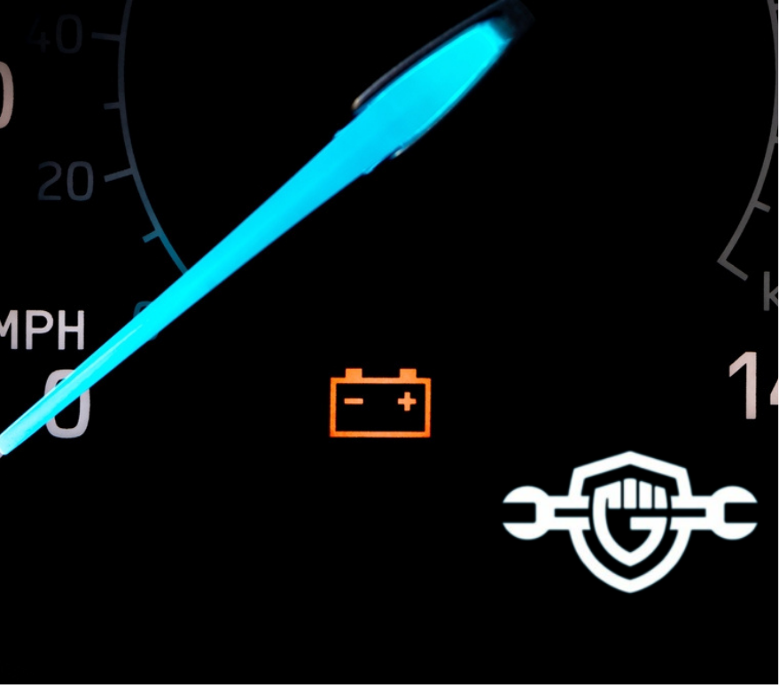Car battery warning light on dashboard. Vehicle repair, maintenance, service and dead battery concept