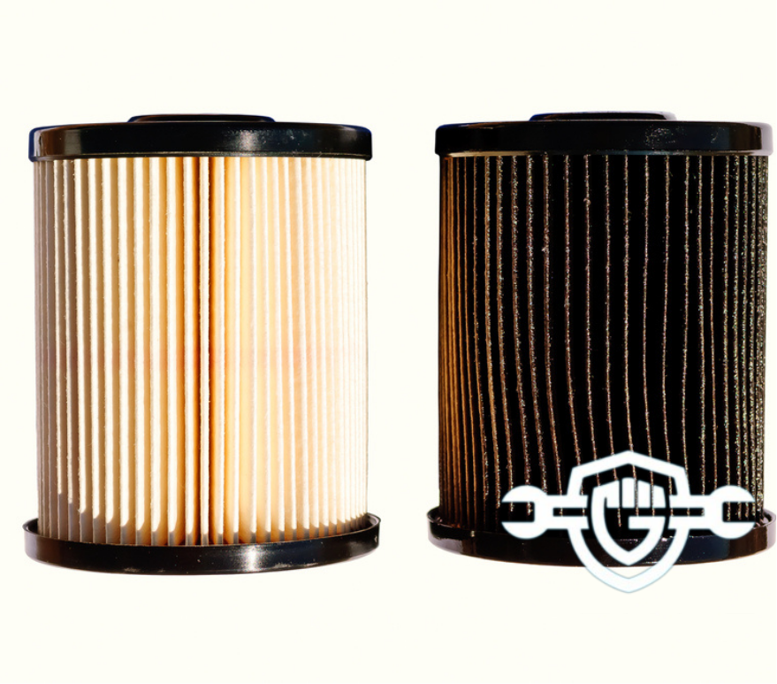 A clean and fresh out of the box diesel fuel filter on the left in contrast with an old and dirty filter on the right. The dirty filter had 15,000 miles use.