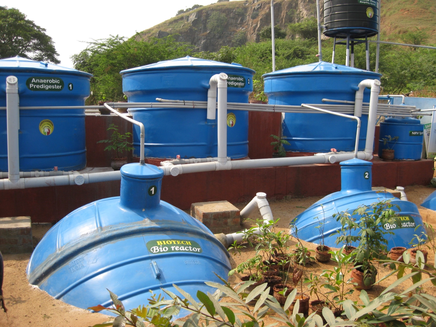 Blue plastic biogas tanks