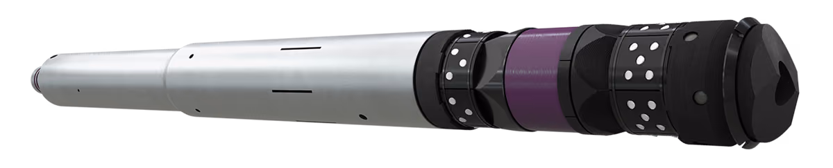Angle photo of a FracSure Express with PurpleSeal frac plug and PurpleSet setting tool on purple background