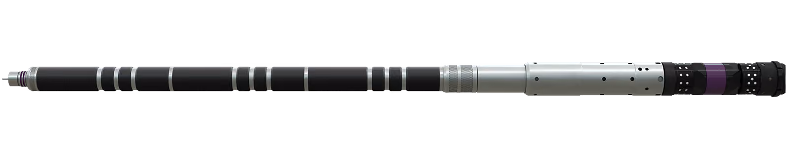 Angle view of FracSure Max integrated tool, including a frac plug, setting tool, and perforating gun on purple background