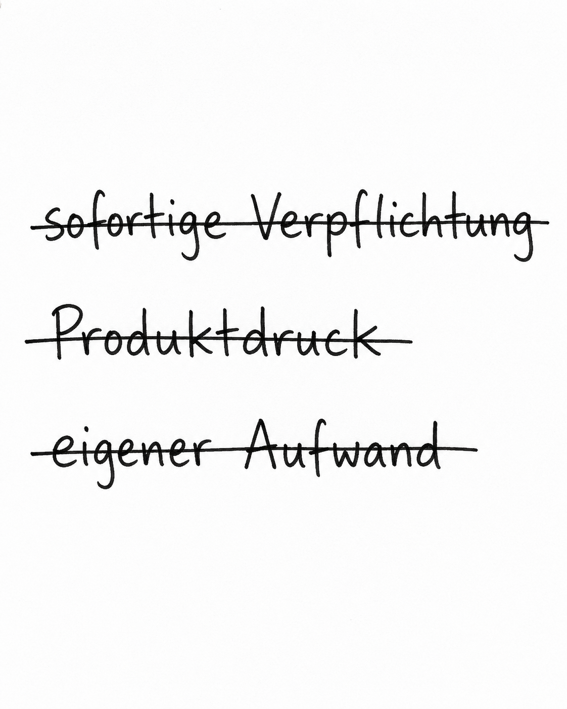 Drei deutsche Wörter sofortige Verpflichtung, Produktdruck und eigener Aufwand sind durchgestrichen.