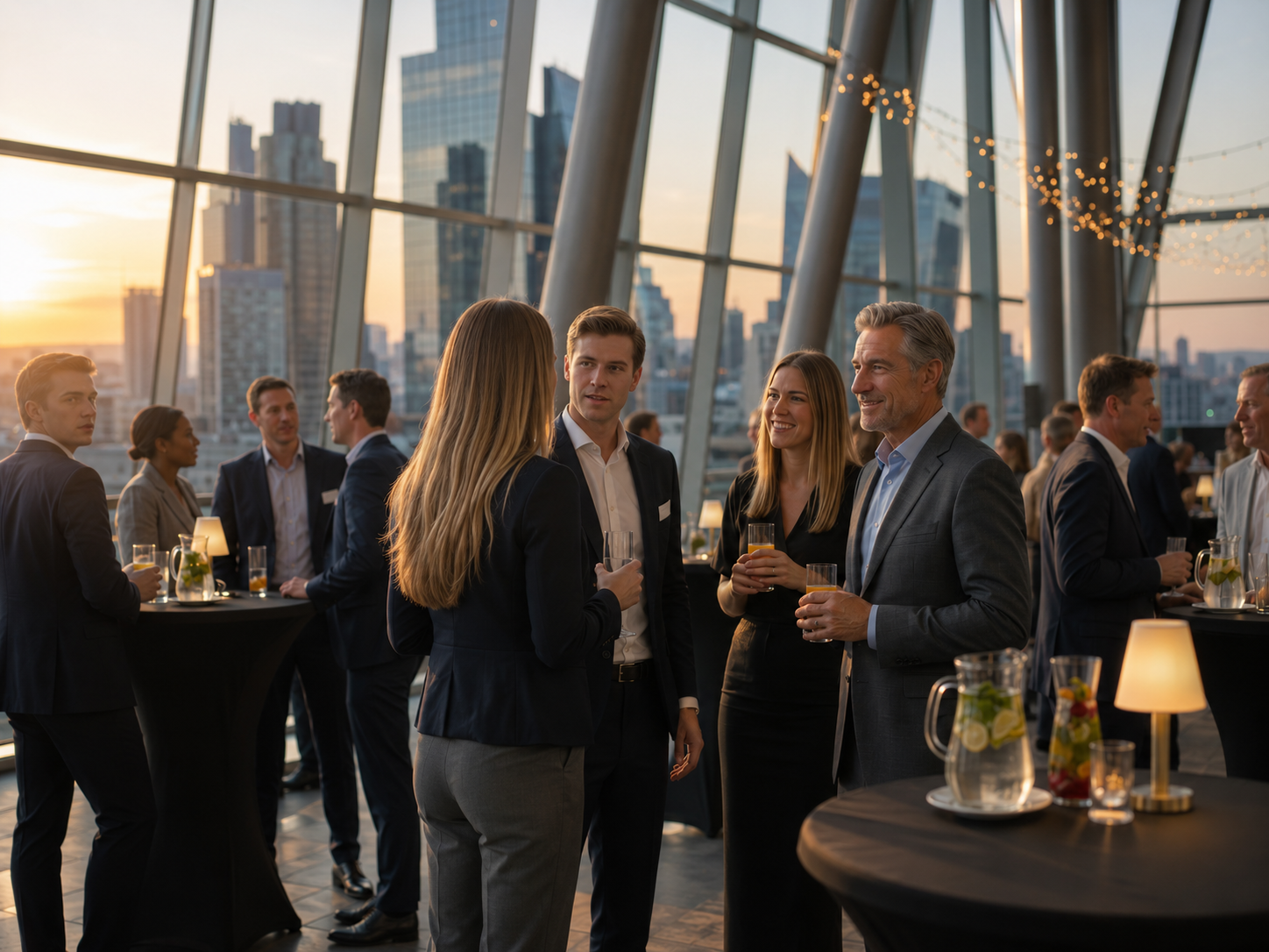 Business-Netzwerkveranstaltung in einer modernen Skyline-Lounge bei Sonnenuntergang: Mehrere elegant gekleidete Personen stehen an Stehtischen, unterhalten sich in kleinen Gruppen und halten Getränke in der Hand. Im Vordergrund spricht eine Vierergruppe, im Hintergrund sind große Fensterfronten, Hochhäuser und warme Lichterketten zu sehen.