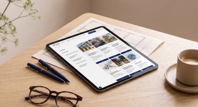 Tablet mit geöffnetem Immobilien-Ratgeber auf einem Schreibtisch, daneben Notizen, Stifte, Brille und eine Tasse Kaffee.