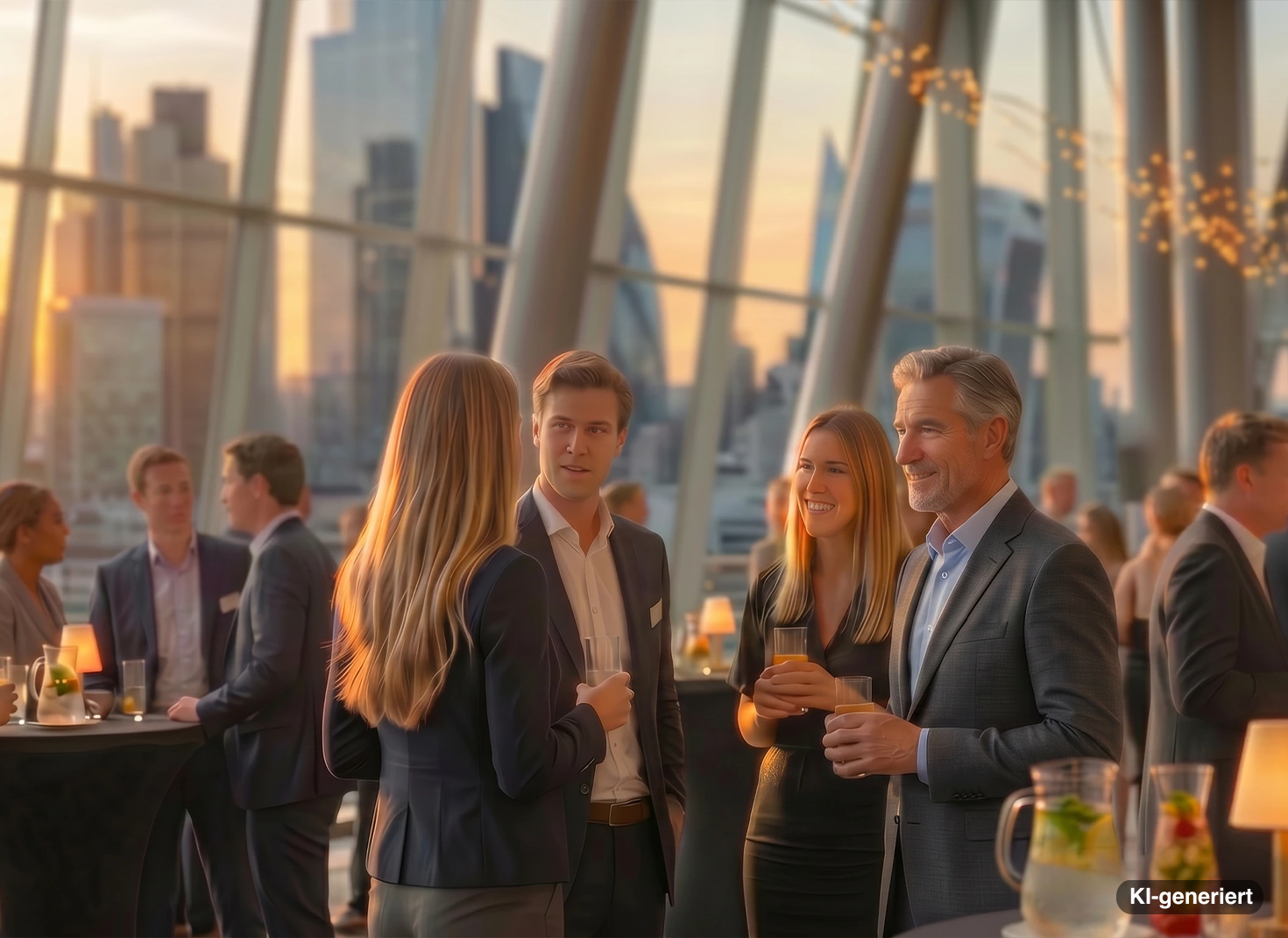 Business-Netzwerkveranstaltung in einer modernen Skyline-Lounge bei Sonnenuntergang: Mehrere elegant gekleidete Personen stehen an Stehtischen, unterhalten sich in kleinen Gruppen und halten Getränke in der Hand. Im Vordergrund spricht eine Vierergruppe, im Hintergrund sind große Fensterfronten, Hochhäuser und warme Lichterketten zu sehen.