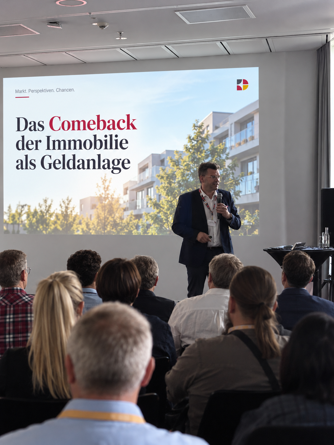 Martin Finze bei einem Vortrag vor Publikum, im Hintergrund die Präsentationsfolie „Das Comeback der Immobilie als Geldanlage“