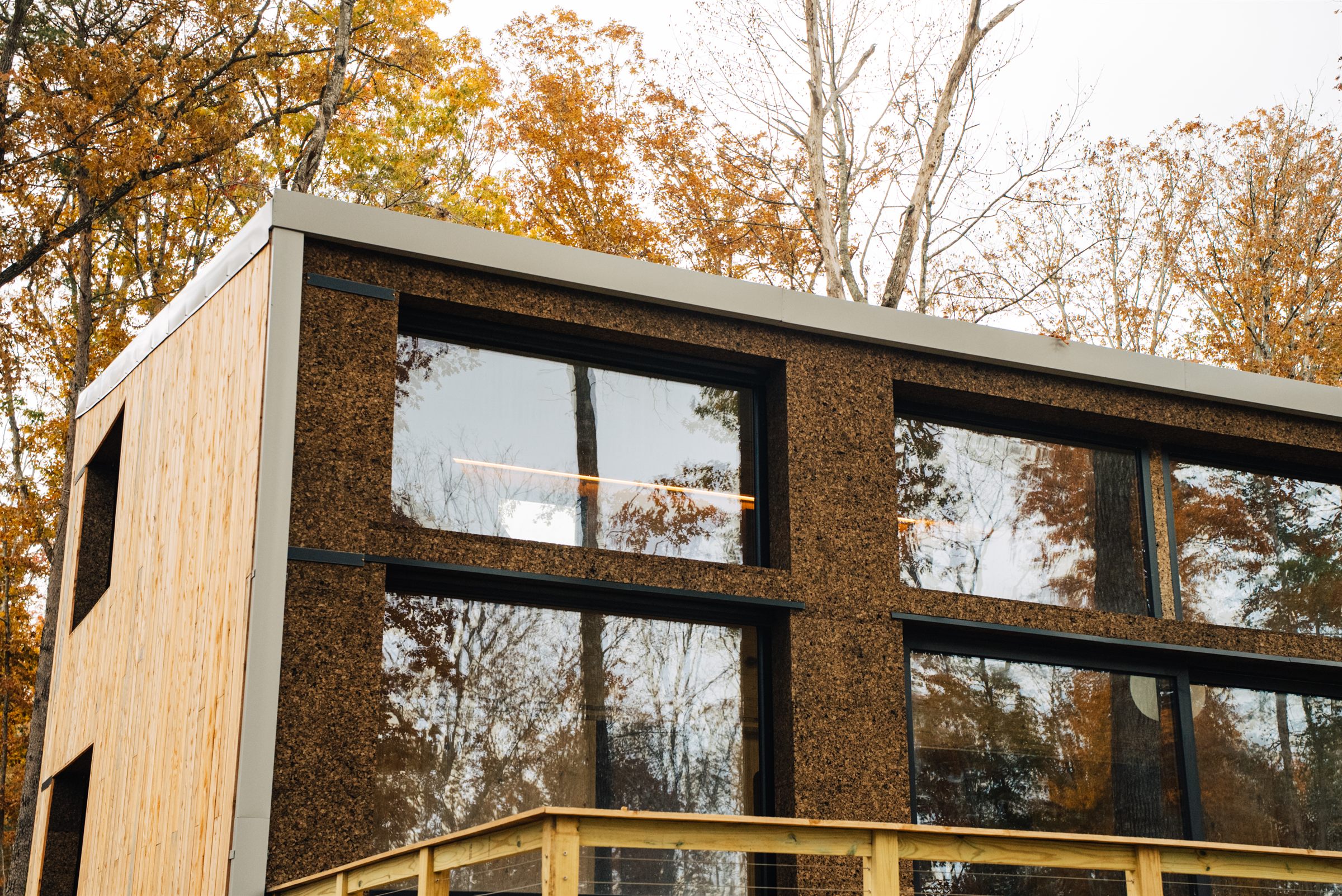 Exterior of an Aera Waters Edge home with light-wood cladding among autumn trees
