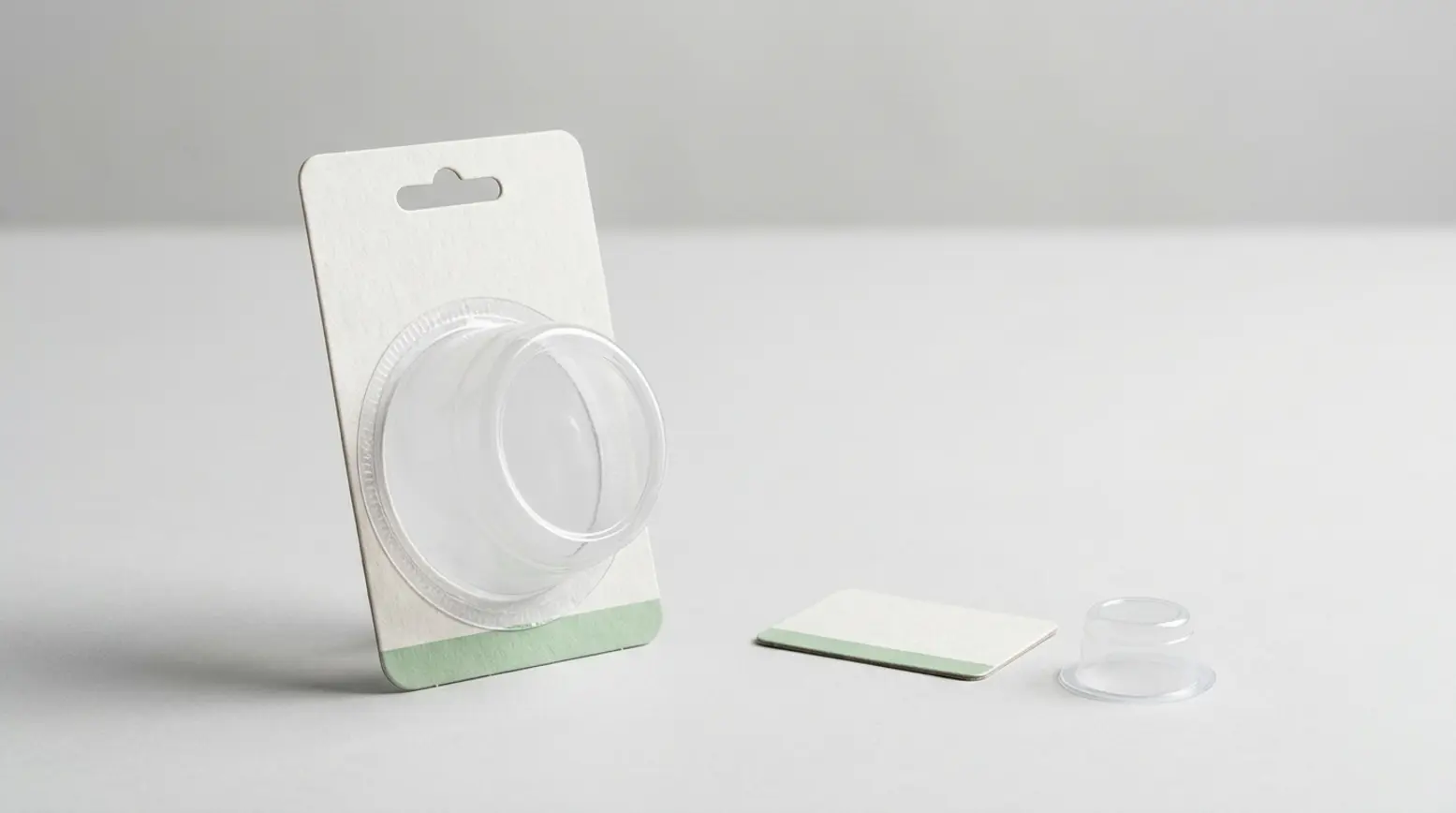Photo of a retail blister pack with clear plastic cup and paperboard card on a light-grey surface.