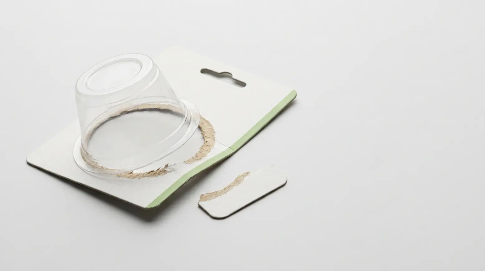 A clear PET cup and kraft paperboard card showcase recyclable product packaging in a clean, minimal setting.