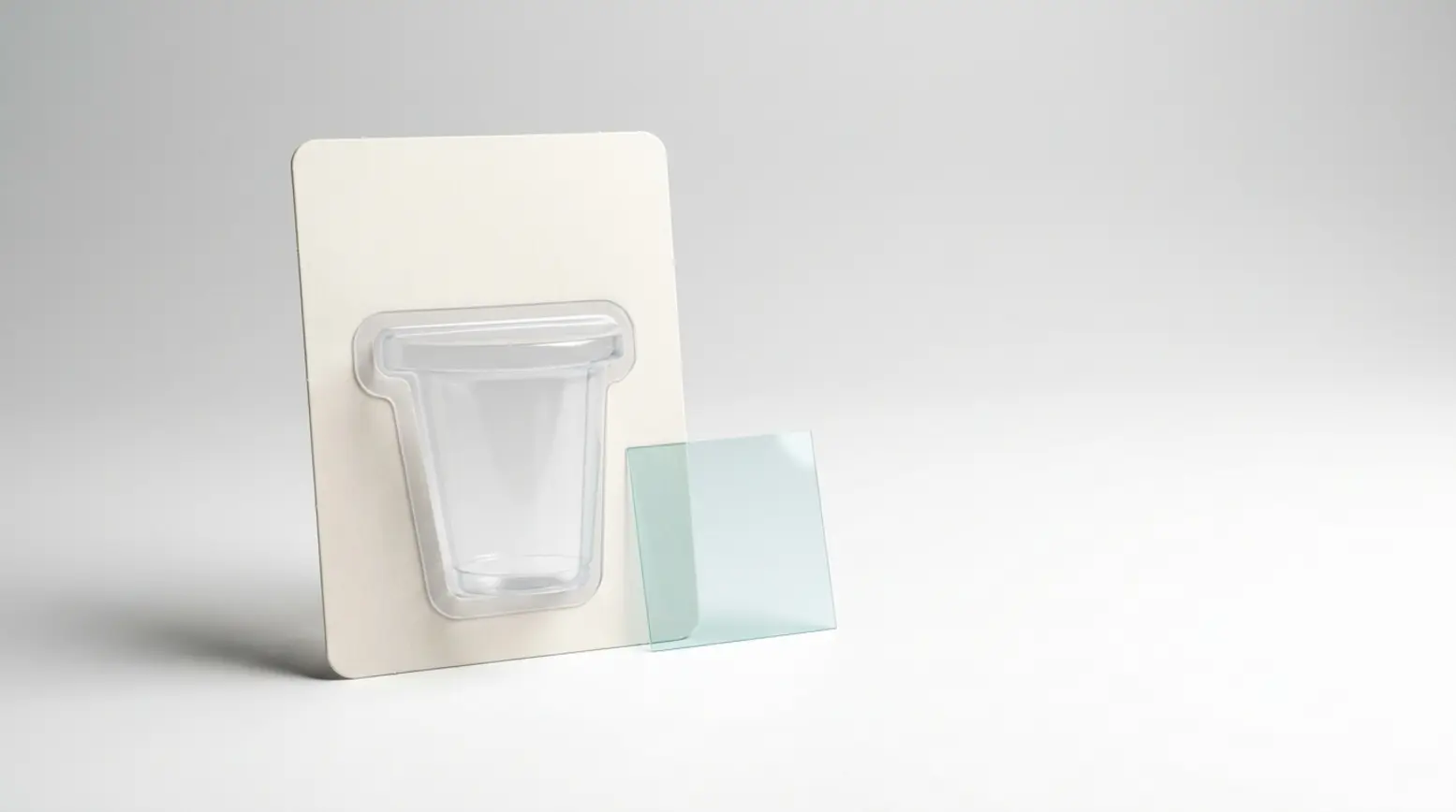A clear PET cup and rPET sheet on a seamless light background, emphasizing simplicity and contrast.