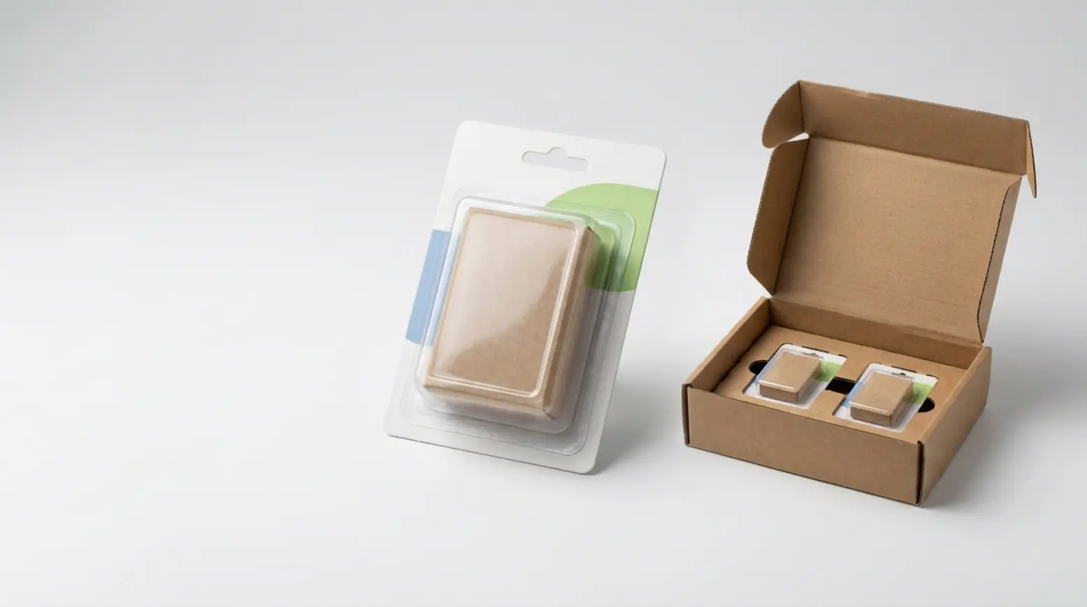 Premium retail blister pack beside an e-commerce carton, showcasing clean packaging design.