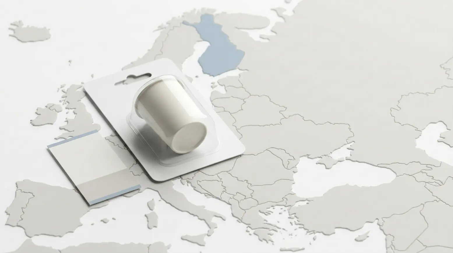 A premium blister pack and card on a textured relief map of Europe, emphasizing packaging design.