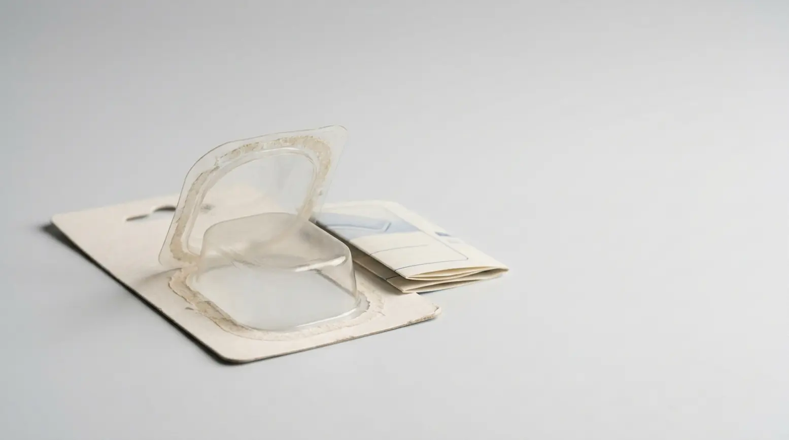 A product photo of a blister pack with its plastic cup and paper card on a grey surface.