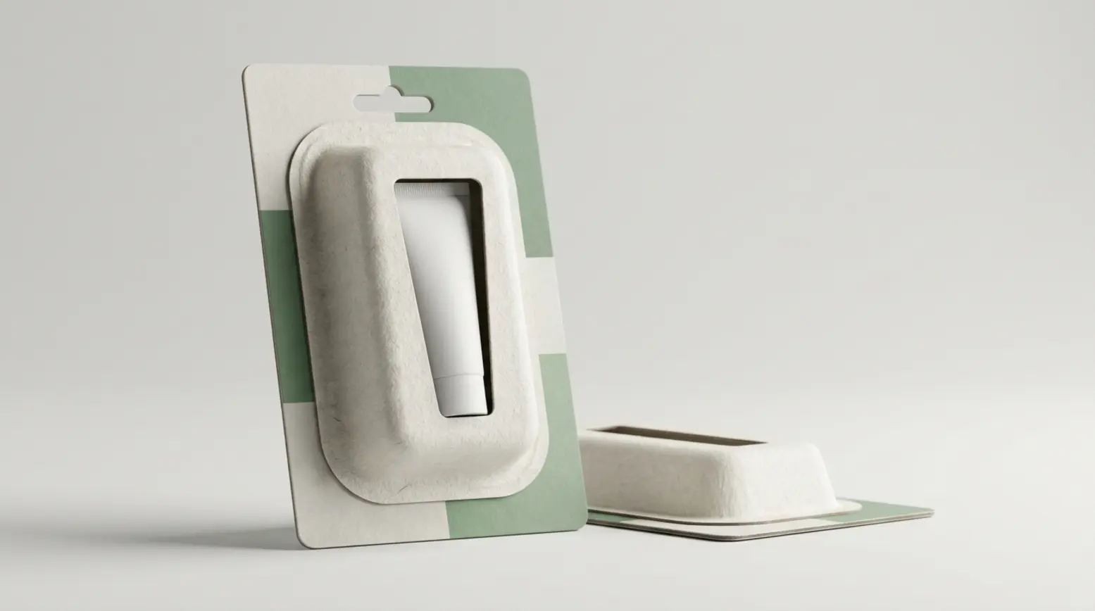 Photorealistic paper blister packaging showcasing a cosmetic tube, set against a light-grey backdrop.