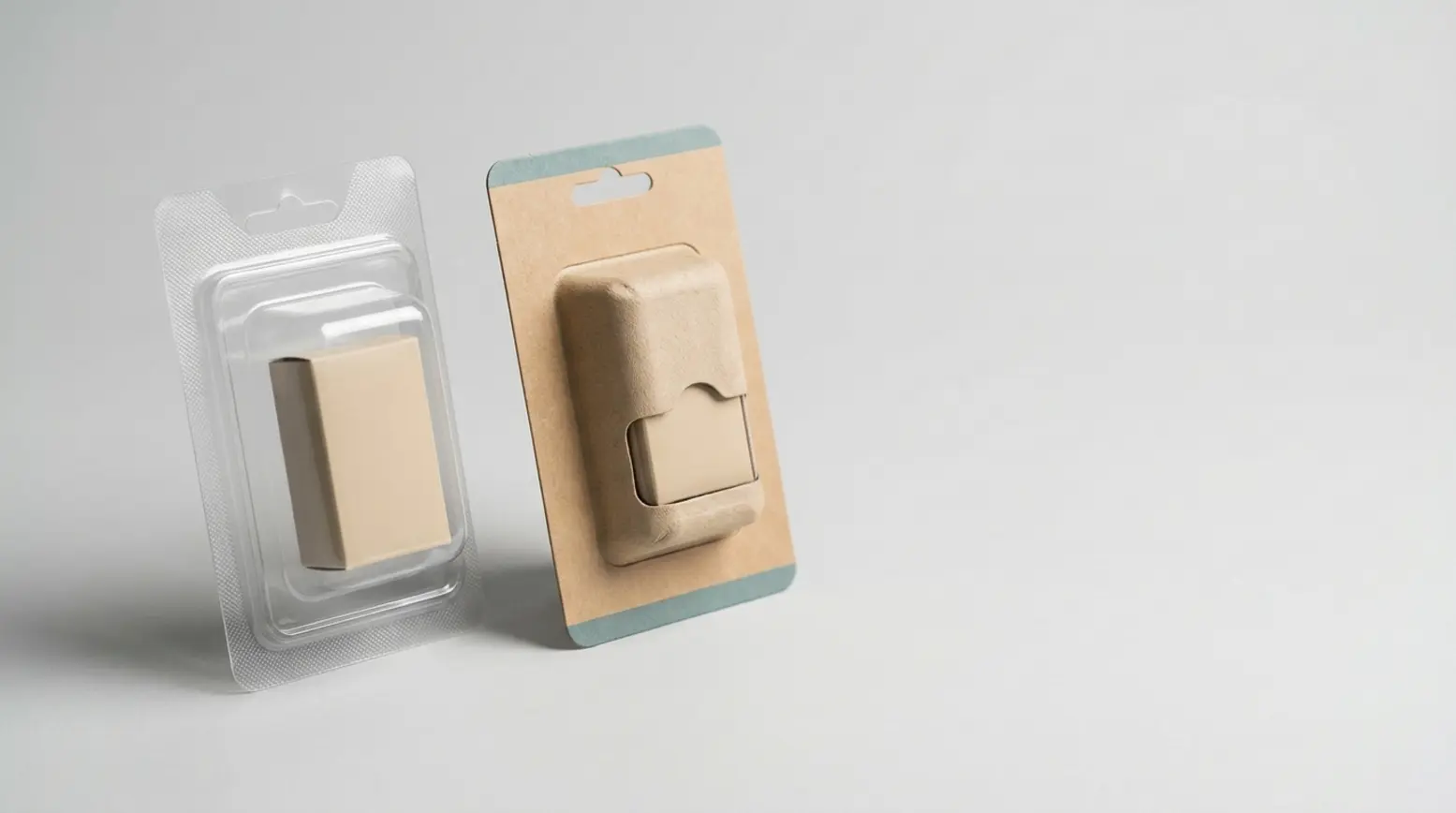 Two retail blister packages showcasing contrasting materials on a clean grey background.