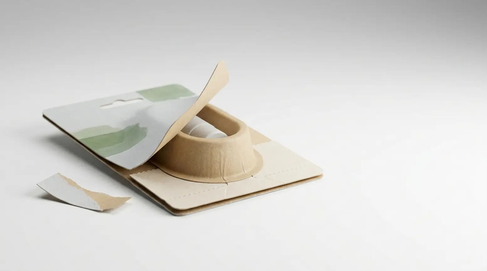 A sleek all-paper blister card packaging showcasing a neutral product in a kraft cup.