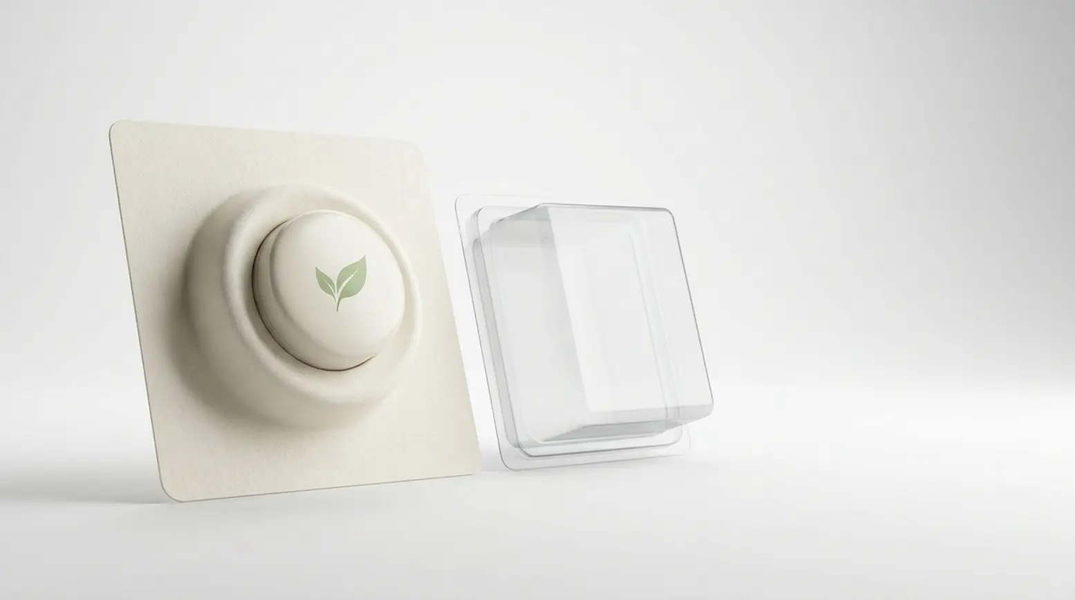 Elegant product shot featuring a natural ivory paper blister cup and a clear plastic cup.