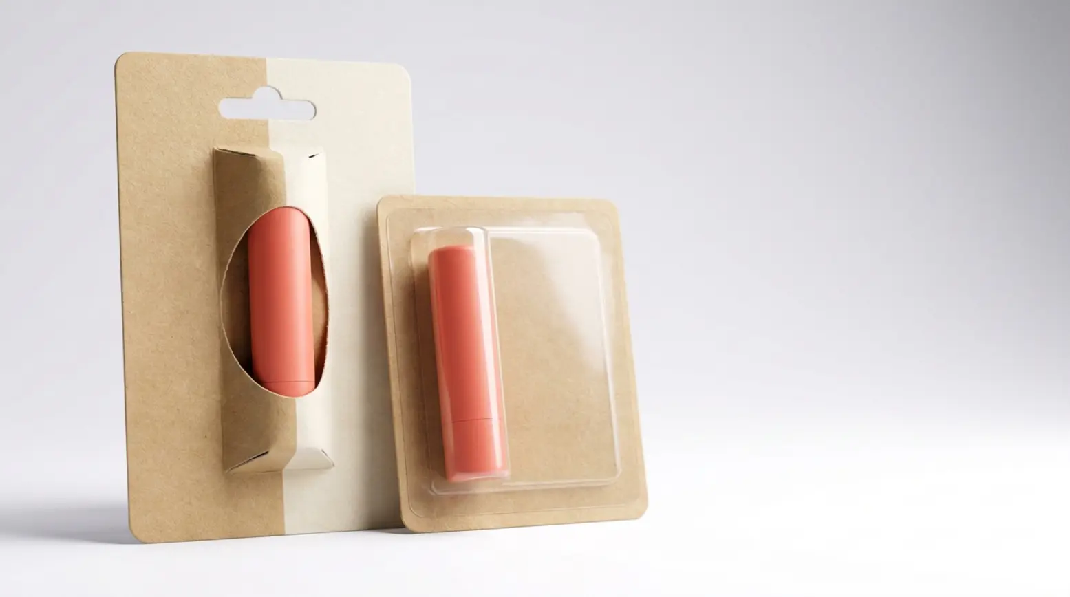 Premium paper blister packaging showcasing a vibrant coral lip balm with contrasting samples.