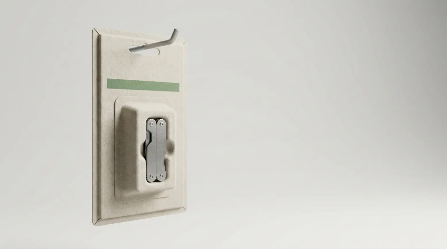 A photorealistic retail blister package showcasing a metal hand tool in a clear molded cup.