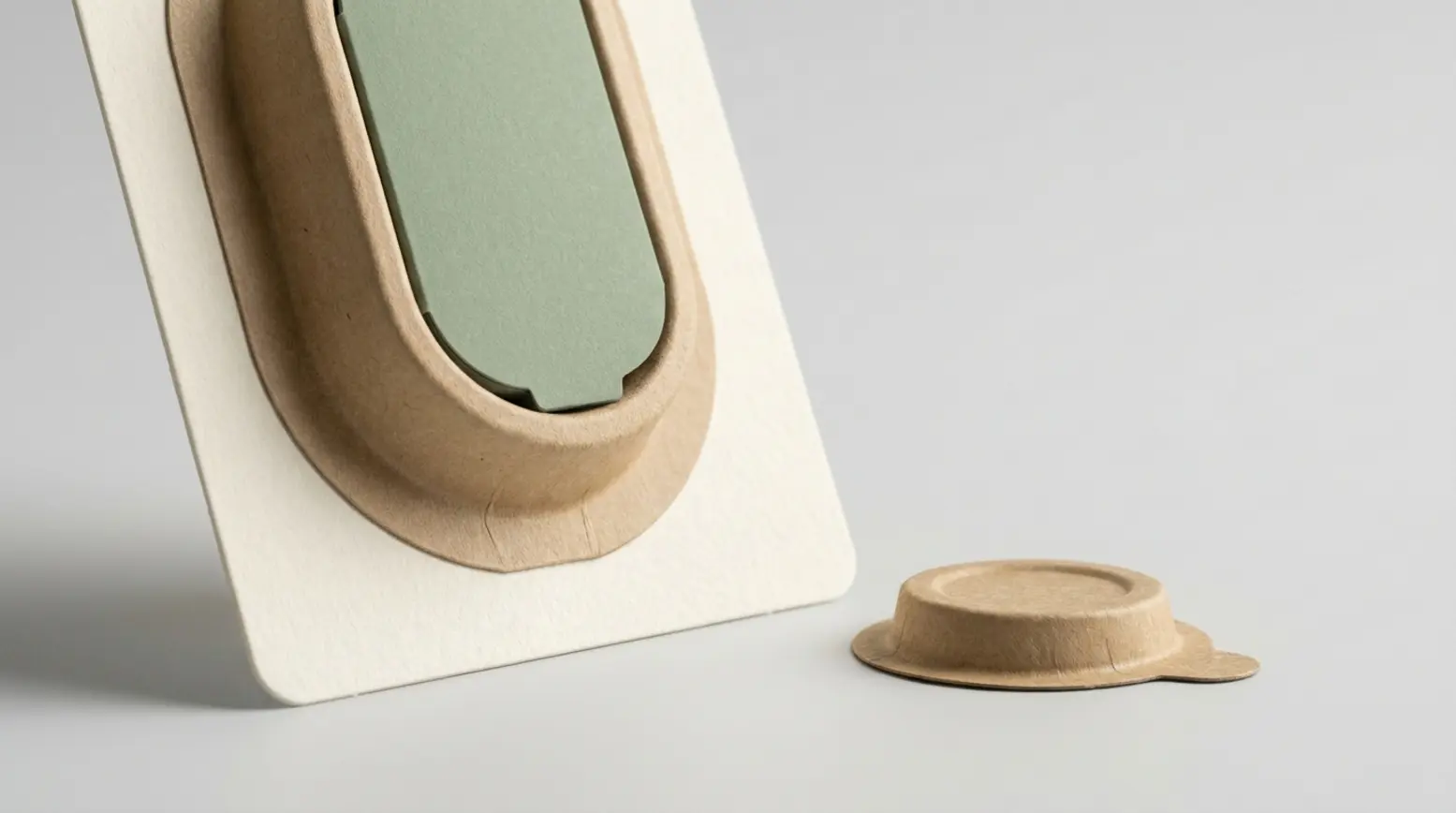 Custom all-paper blister pack with macro detail on kraft cup and printed card, soft lighting.