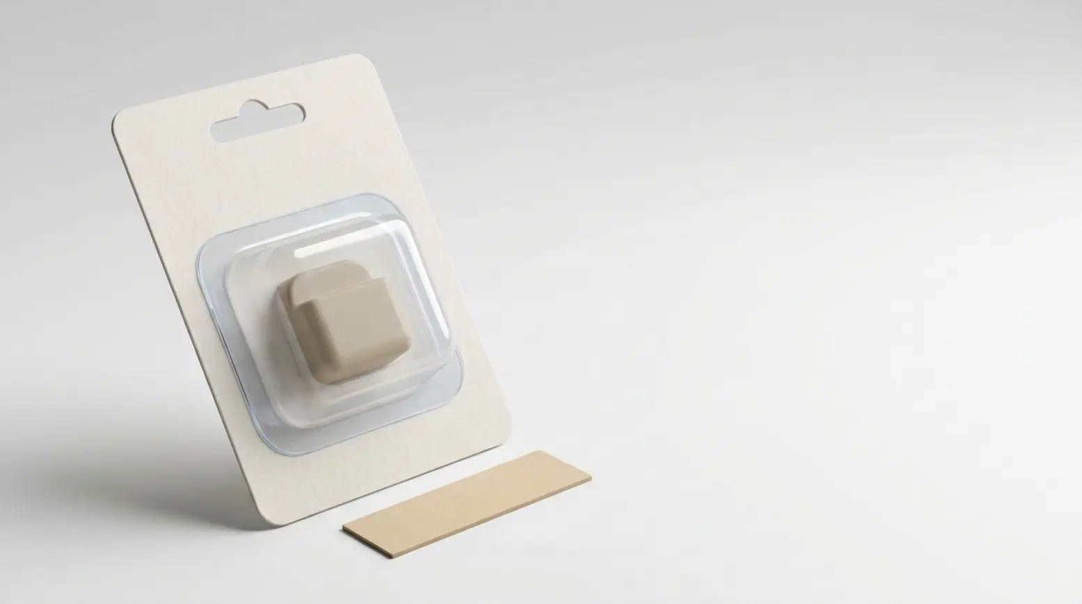 Panoramic image of a retail blister card showcasing a product in a professional studio setting.