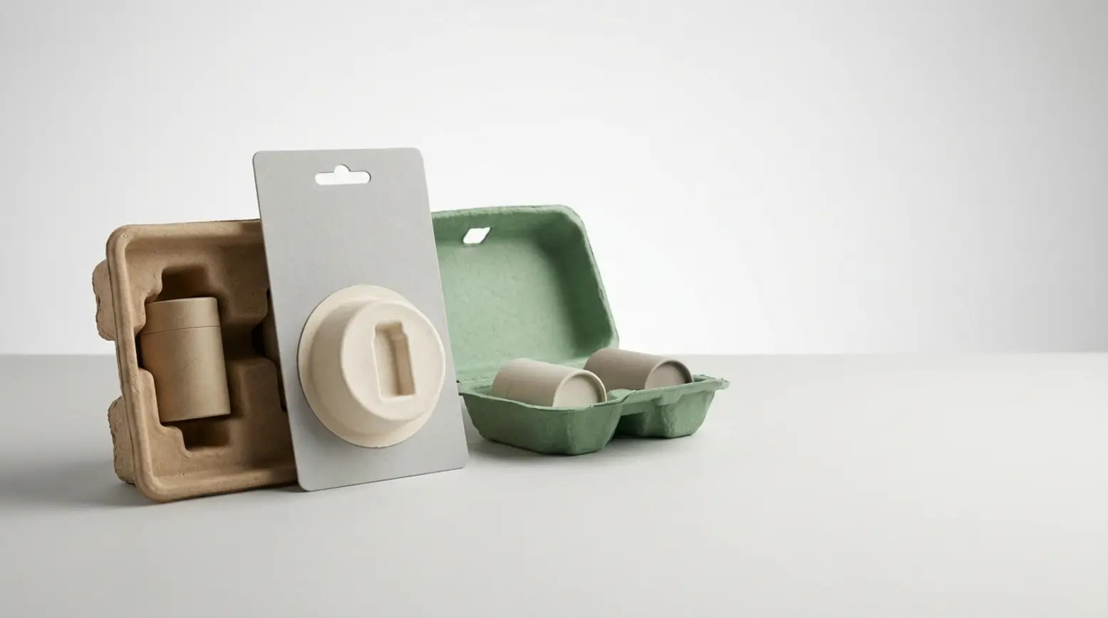 Three distinct formed-paper packaging designs on a light-grey surface, showcasing functionality.