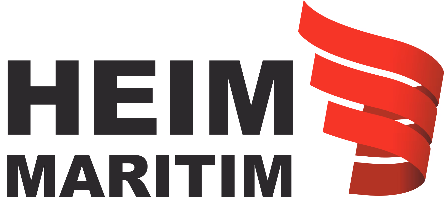Logoen for Heim Maritim med svart tekst og et rødt båndformet symbol.