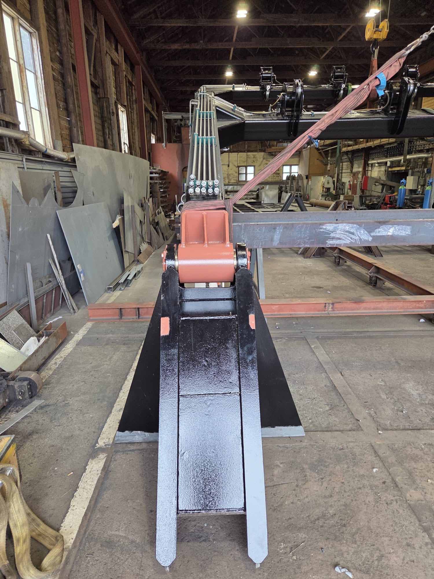 Mechanical components of the A-frame for the wellboat Selma being assembled inside the workshop.